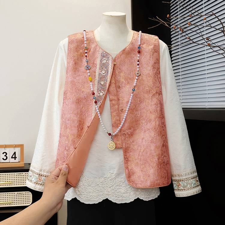 官方正品新中式妈妈秋装新款国风盘扣马甲外套中老年女装百搭提花