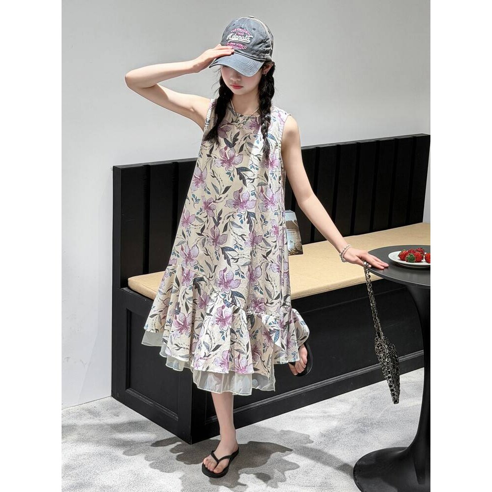 官方正品女童连衣裙夏装洋气女孩碎花无袖背心裙韩版中大儿童薄款