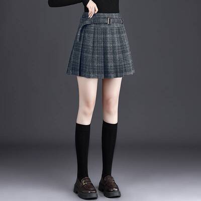 官方正品复古灰色格纹百褶裙女秋冬加厚高腰A字毛呢半身裙格子配