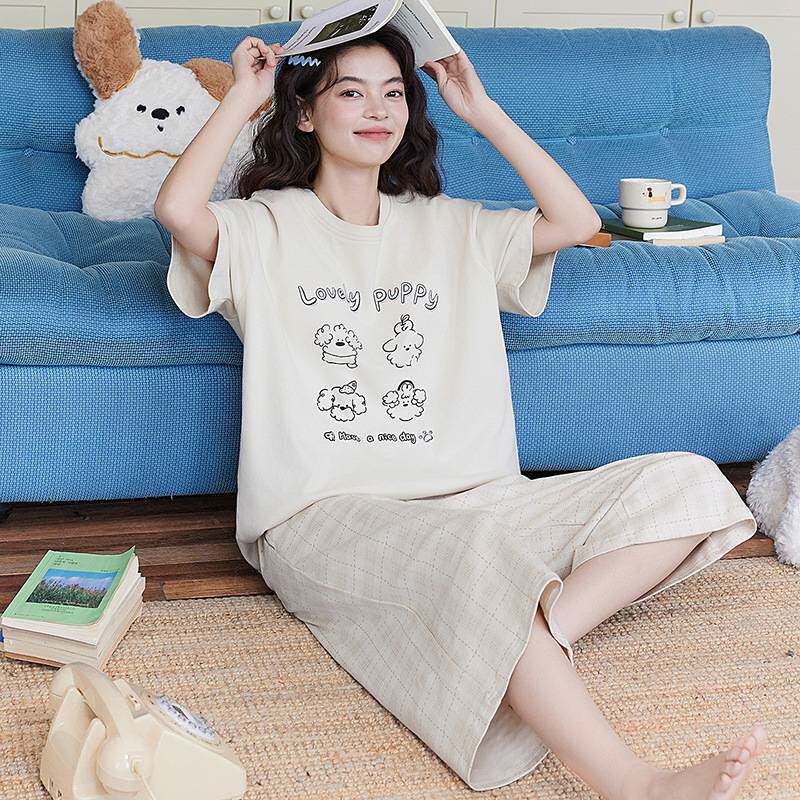 官方正品睡衣女款2026新款夏季纯棉高级感女士短袖长裤带胸垫卡通