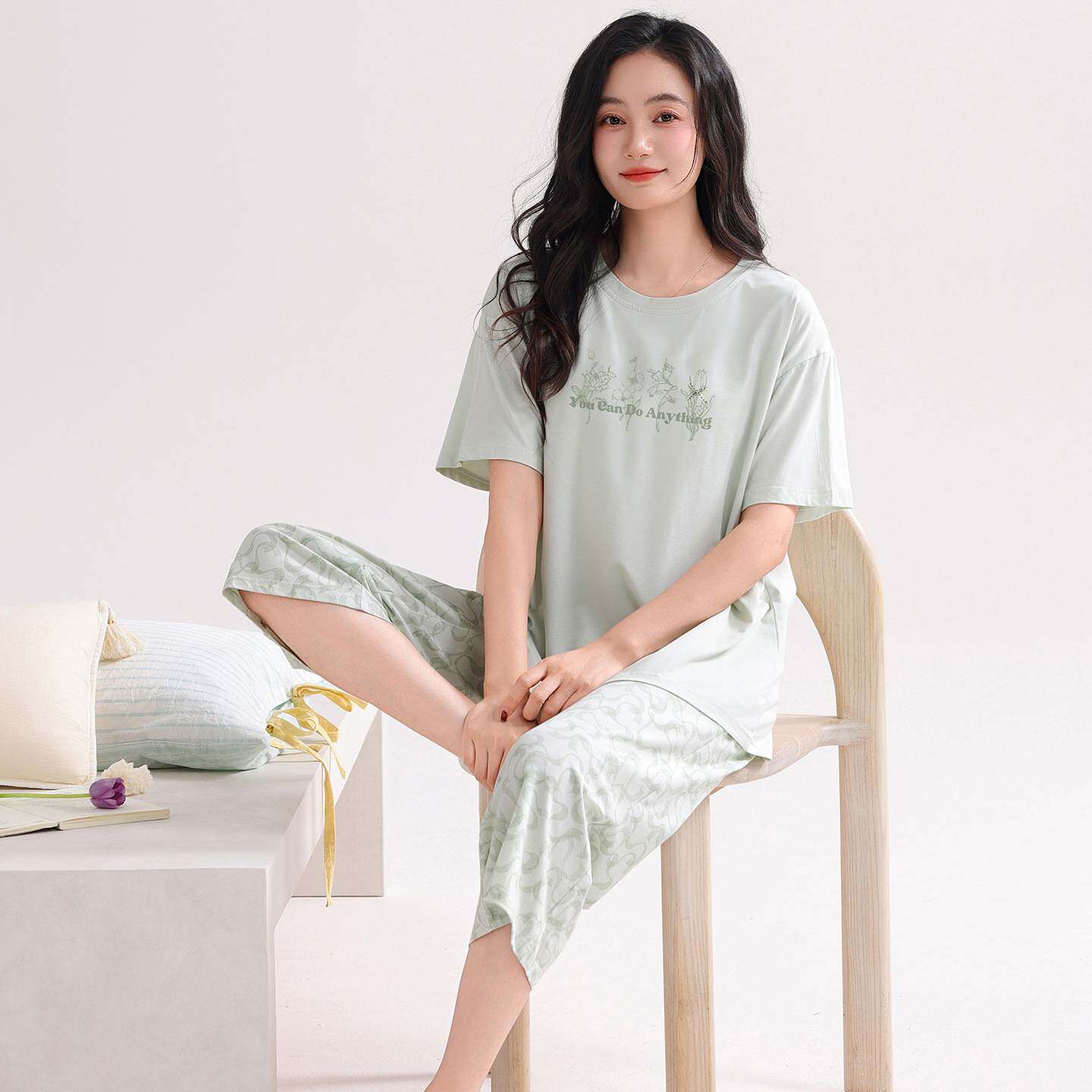 官方正品睡衣女款2026新款夏季带胸垫纯棉短袖长裤女士大码雅奢家