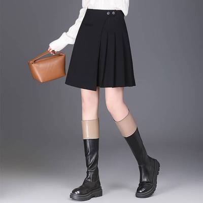 官方正品2025秋季新款女装气质百搭高腰显瘦拼接百褶半身裙A字裙