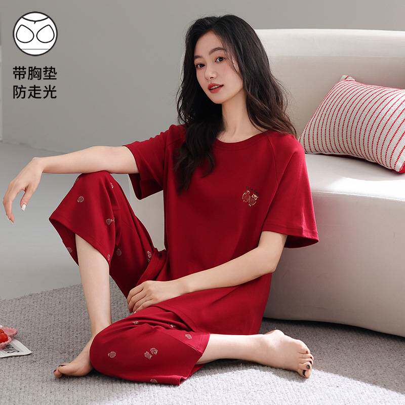 官方正品带胸垫睡衣女款夏季七分裤纯棉薄款短袖大码本命年红色家