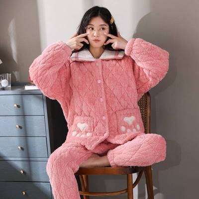 官方正品睡衣女夹棉三层加厚开衫翻领冬季珊瑚绒棉袄可外穿女士家