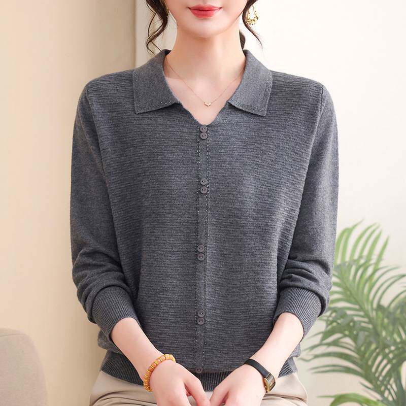 官方正品2026新款中年妈妈宽松上衣高级感红色翻领针织毛衣秋款洋