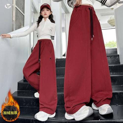 官方正品女童加绒弯刀裤2025年秋冬新款中大童刺绣阔腿裤休闲棉布