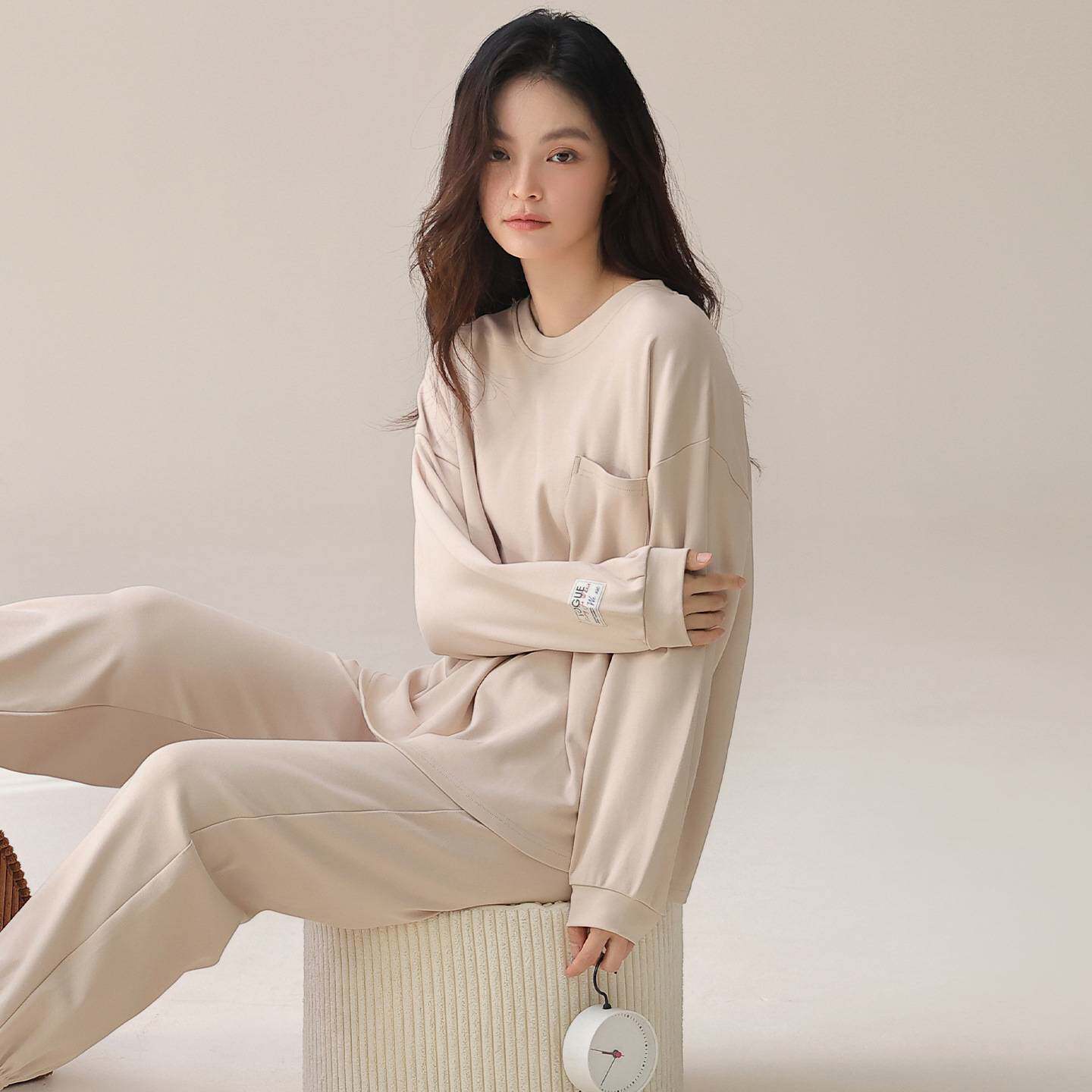 官方正品睡衣女春秋纯棉长袖休闲可外穿家居服秋款女款简约圆领高