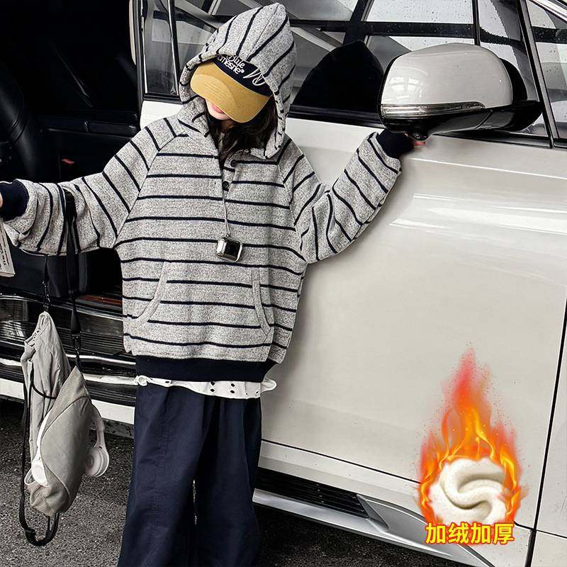 官方正品女童卫衣加绒冬季2025新款中大儿童装加厚保暖羊绒条纹打