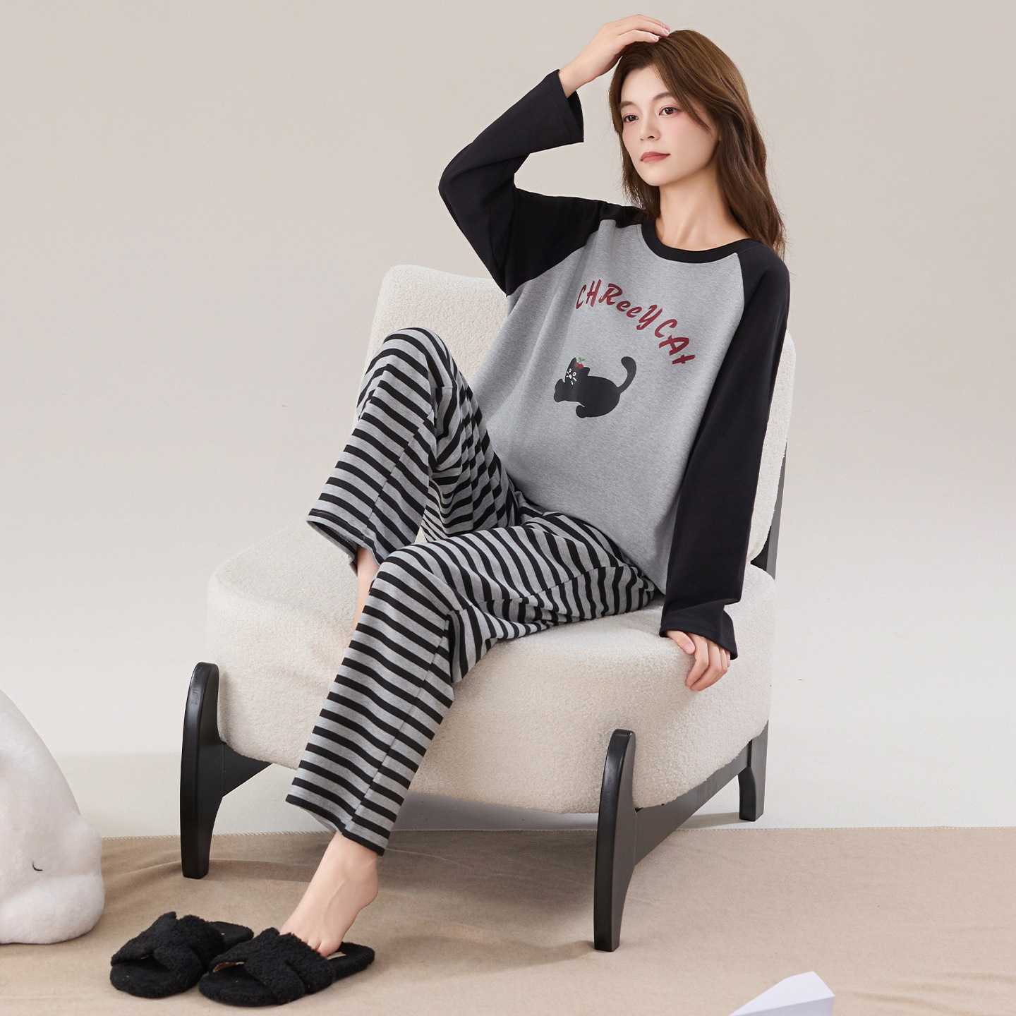 官方正品高级感爽棉大码睡衣女纯棉a类春秋季长袖圆领新款女款秋