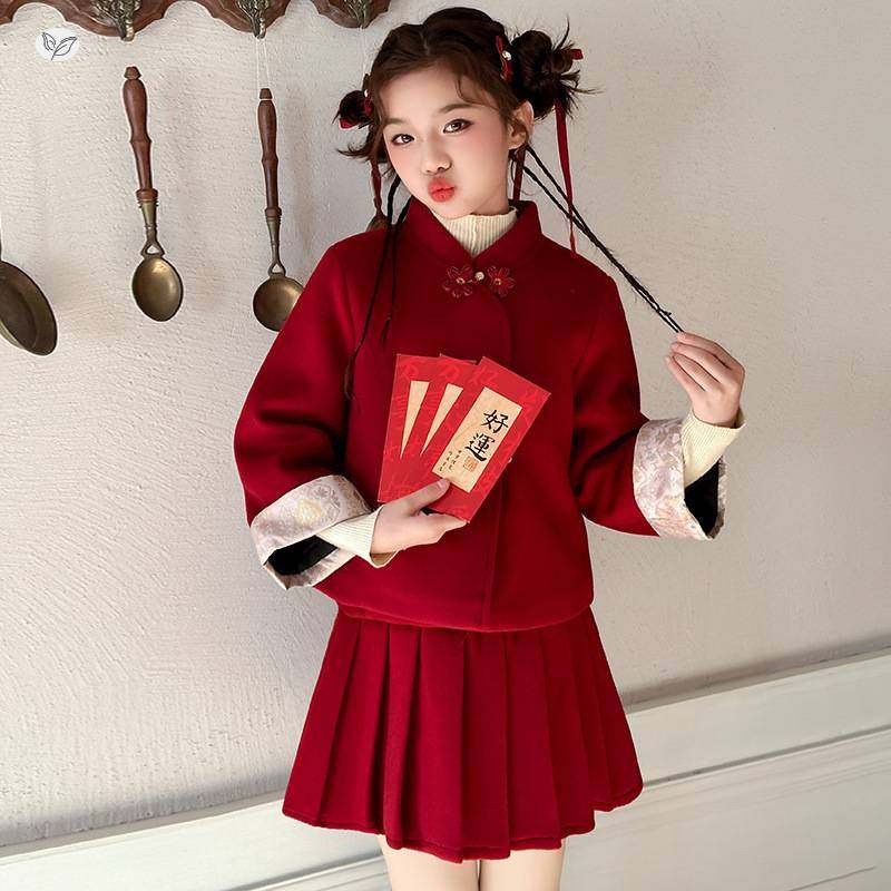 官方正品女童拜年服套装2025秋冬新款中大童国风唐装两件套盘扣上