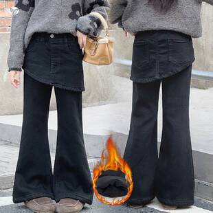 官方正品女童加绒屁帘牛仔裤2025年秋冬新款中大童时尚微喇裤修身