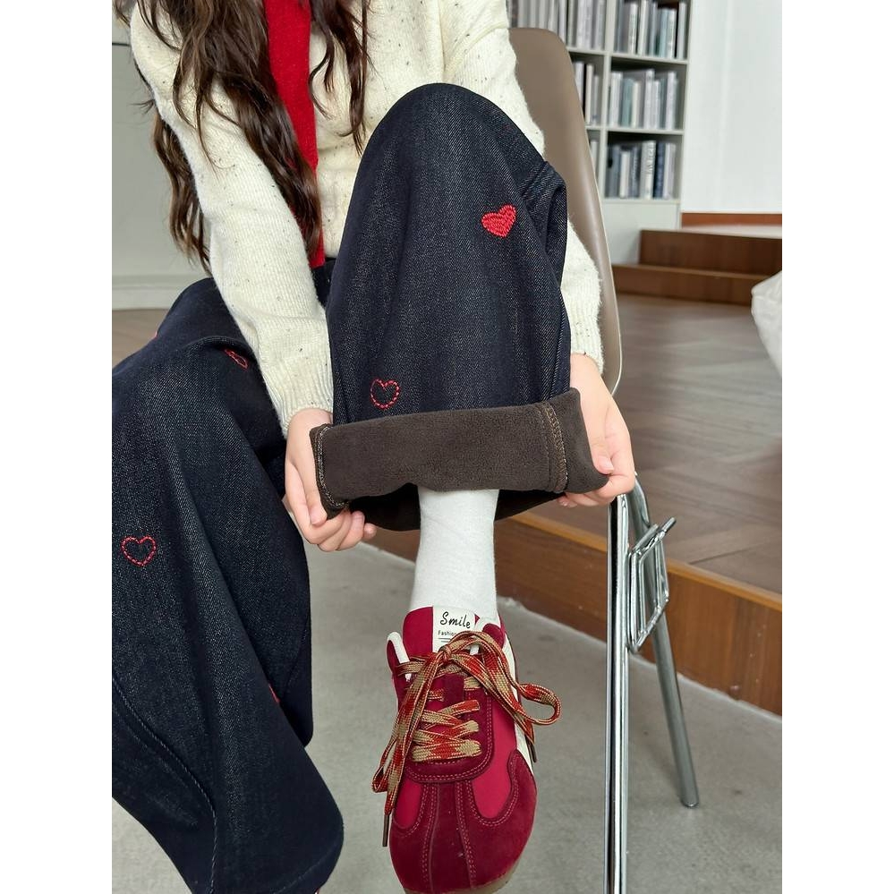 官方正品女童加绒牛仔裤秋冬儿童宽松外穿洋气一体绒长裤大童冬季