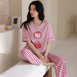 官方正品100%纯棉夏季短袖家居服女带胸垫时尚亲肤宽松显瘦可外穿