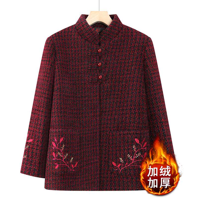 官方正品中老年人女装秋冬款格纹口袋绣花外套冬季新款老太太加绒