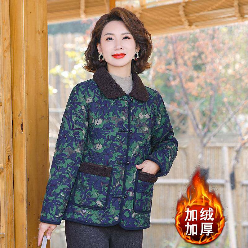 官方正品中年女款冬装新款加绒加厚保暖外套妈妈冬天通勤翻领碎花