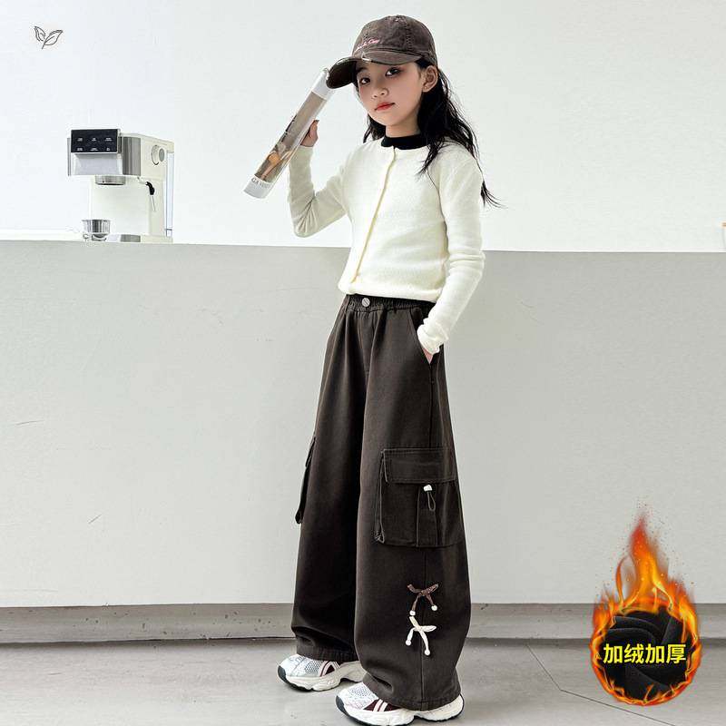 官方正品女童2025年冬季新款蝴蝶结工装裤女大童户外加厚保暖大口