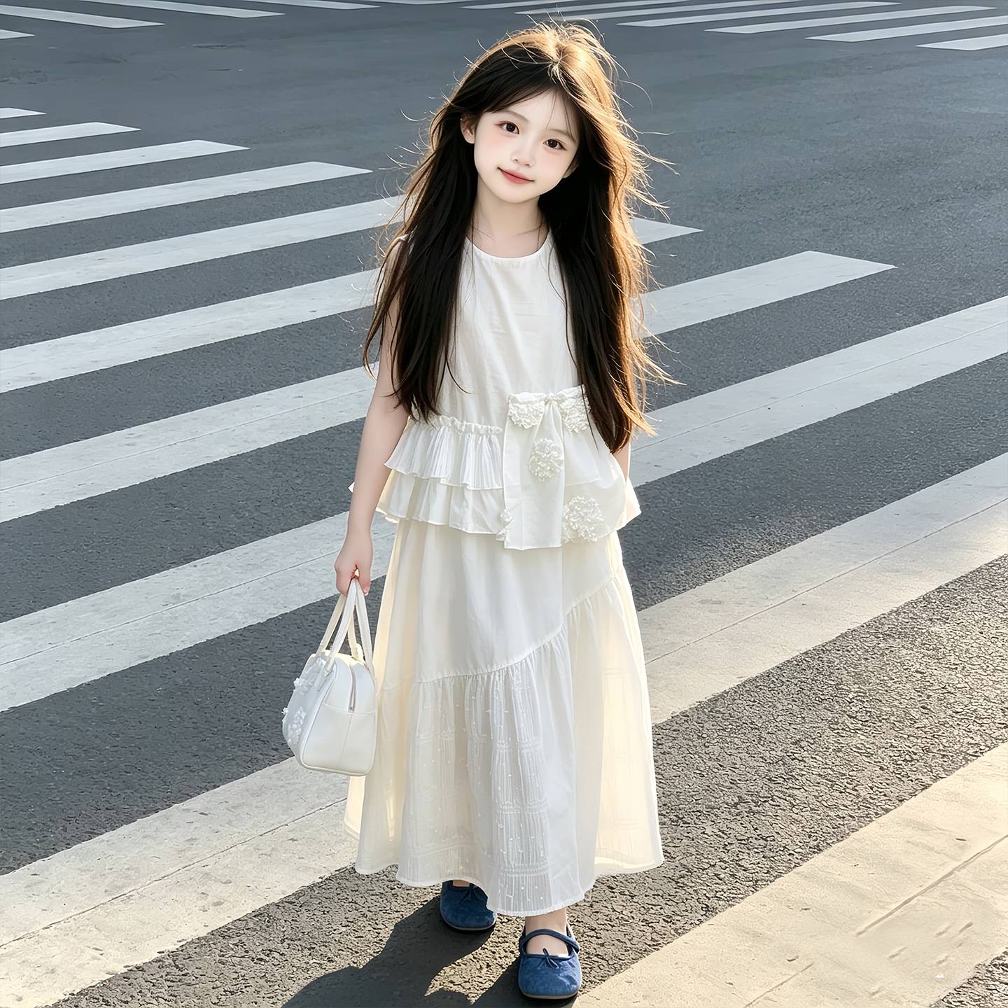 官方正品女童甜美套装2026夏新款公主裙中大童无袖蕾丝花边上衣半