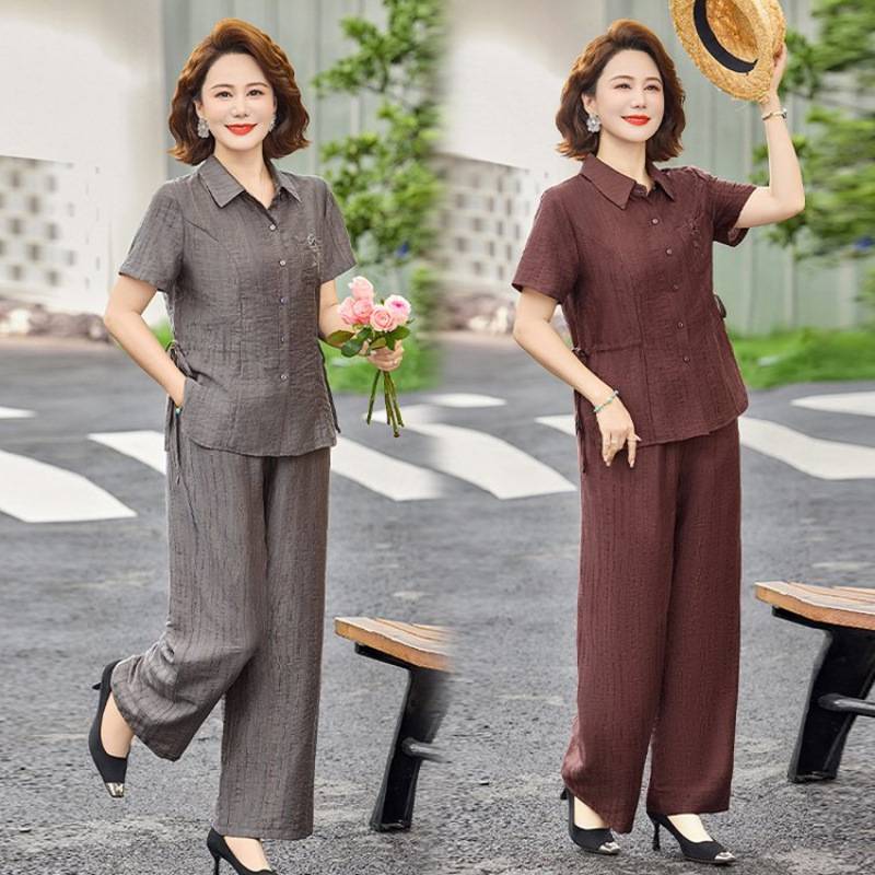 官方正品中老年女士夏季棉麻套装大码两件套妈妈装宽松舒适休闲裤
