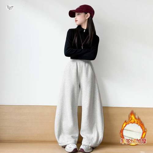 官方正品女童加绒卫裤秋冬2025年新款中大童脚口抽绳弯刀裤休闲阔
