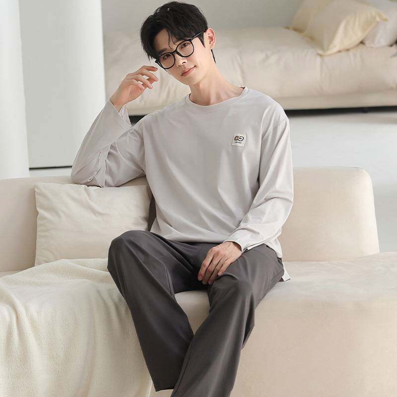 官方正品睡衣男士春秋款纯棉长袖家居服大码纯色中青年四季休闲套
