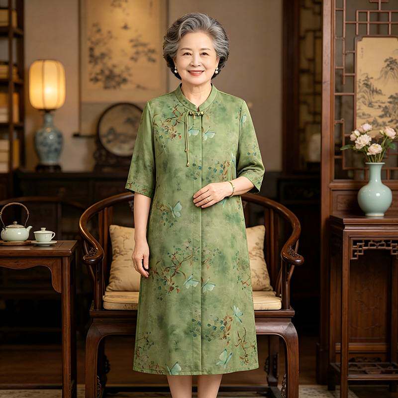 官方正品老太太新中式短袖连衣裙老年人夏装洋气过膝裙子奶奶端正