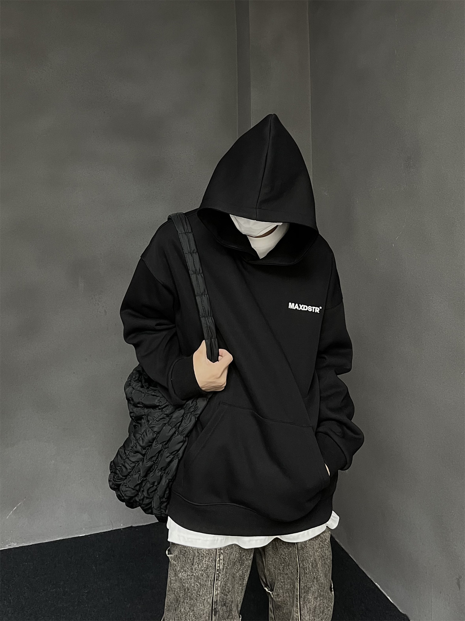 MAXDSTR 미국 오리지널 편지 자수 후드 티셔츠 남성용 솔리드 컬러 하이 엔드 트렌디 브랜드 커플 까마귀 자켓