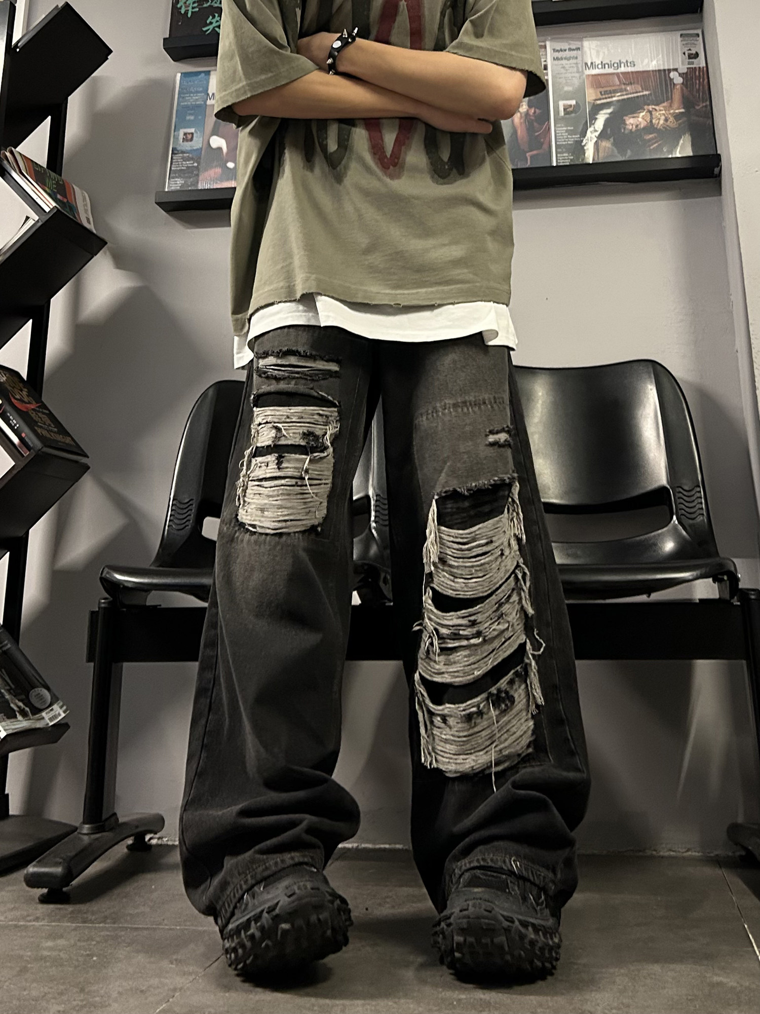 MAXDSTR AMERICAN RETRO FAKE HOLE SPLICING JEANS MENS LOOSE WIDE-LEG MOPPING STRAIGHT-LEG TROUSERS