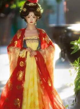 唐制汉服女齐胸襦裙红色华丽风贵妃装日常套装