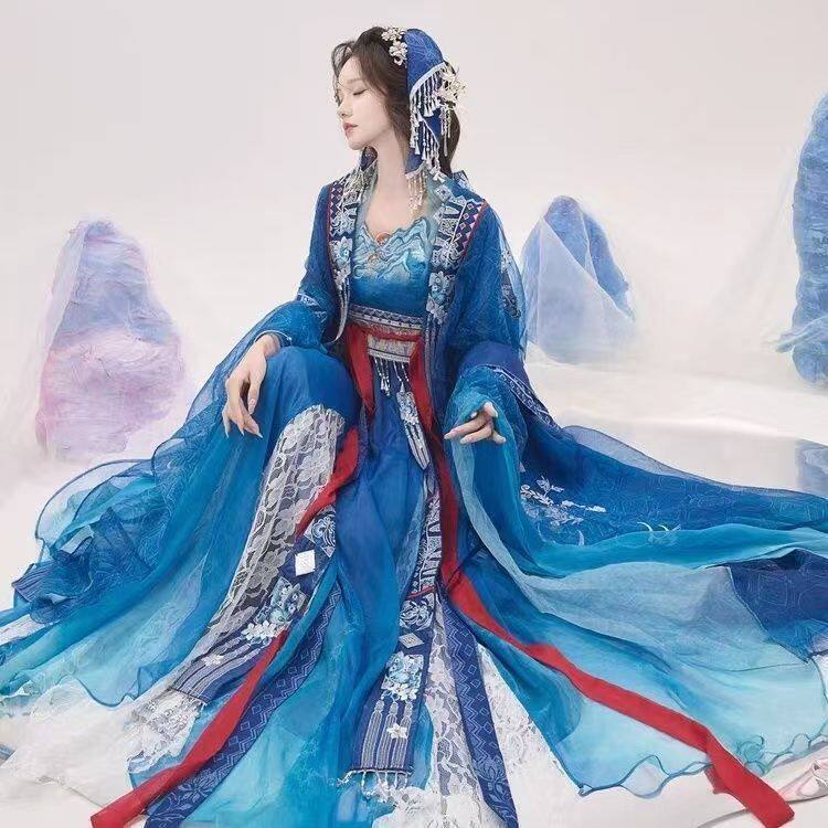 蓝染战国袍大袖汉服套装古风拍照