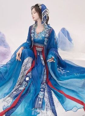 新款蓝染战国袍汉服套装女大袖齐腰异型花边古风拍照