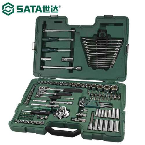 世达09014A综合组套公英制工具箱套装套筒汽修棘轮扳手128件套