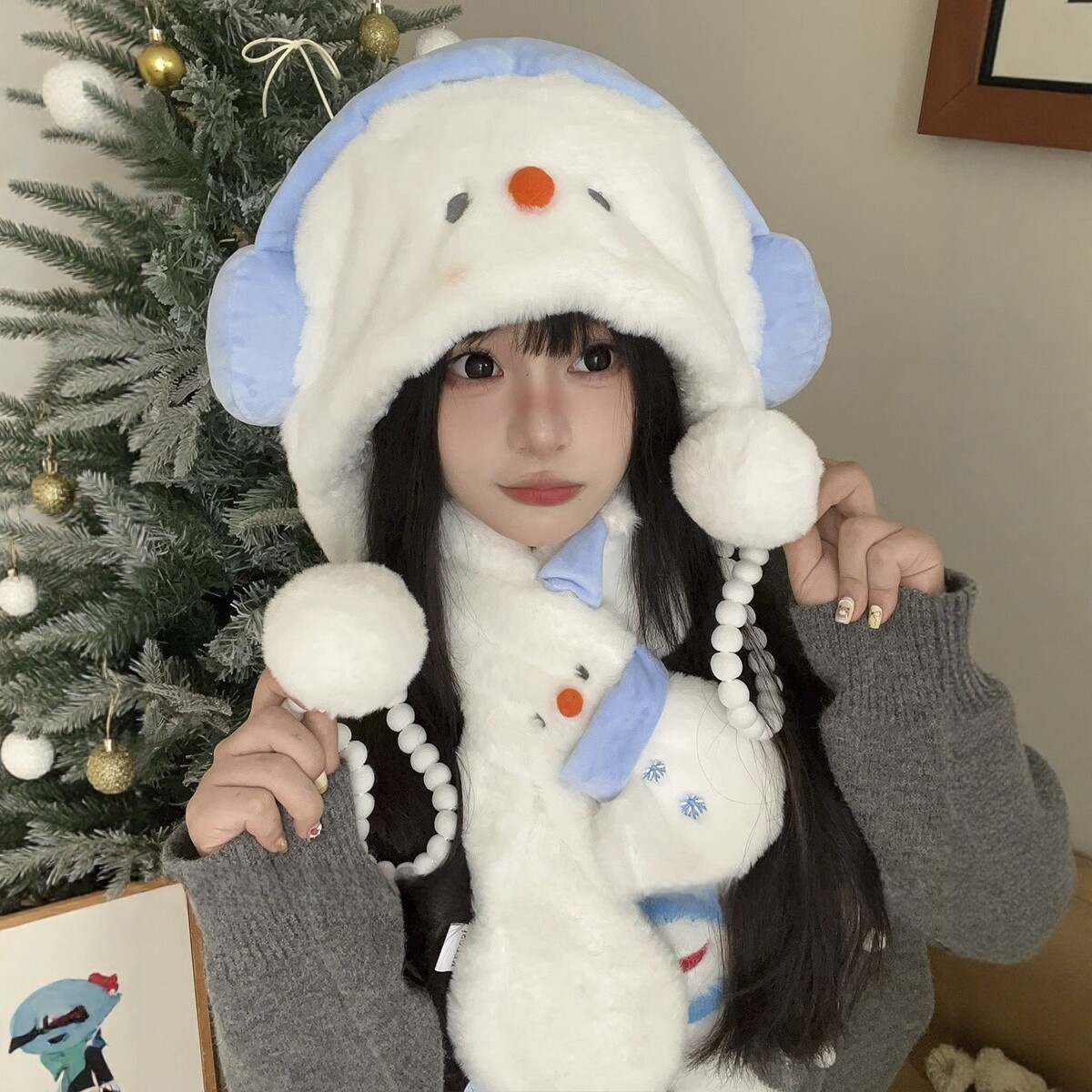 BIBIG的杂货铺可爱软萌雪人帽子围巾手套三件套冬季保暖毛绒帽子