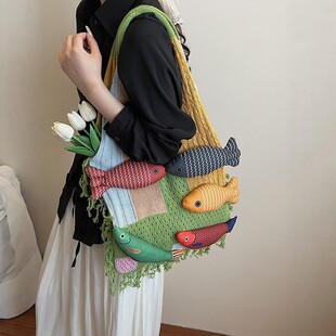 bag托特包大容量复古流苏拼接设计文艺百搭毛线针织包单肩跨境包