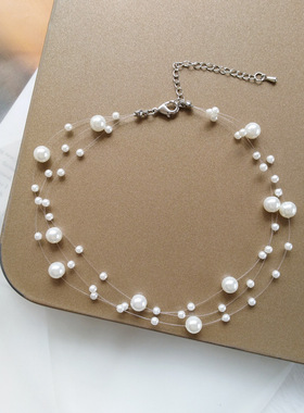 日韩风三层叠戴珍珠颈链