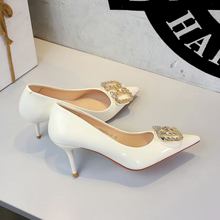 高级感尖头性感细跟漆皮女单鞋 10cm 高跟鞋 BIGTREE水钻扣法式