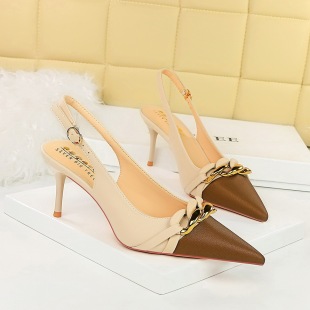 时尚 饰后绊带女士单鞋 7cm 细跟金属链装 BIGTREE拼色尖头女鞋