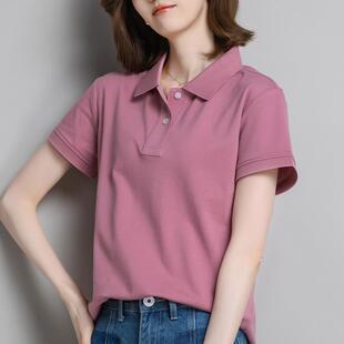 带领短袖t恤女夏季纯棉Polo衫宽松大码翻领上衣定制工作服印logo