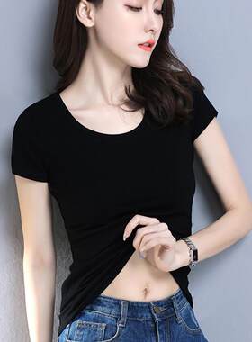 黑色短袖t恤女紧身纯棉短款上衣服夏季2024新款体恤ins半袖潮t桖