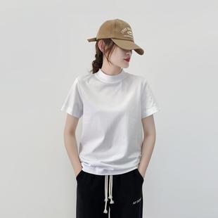 高级感纯棉T恤女短袖正肩宽松显瘦半高中领后中线纯色外穿打底衫