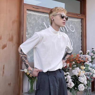 夏季半高领白色T恤男小领口修身中领高级感内搭短袖男款打底衫潮