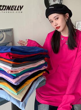重磅长袖t恤 男女纯棉厚实宽松纯色白色春秋卫衣日系圆领打底衫bf