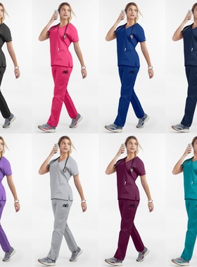 亚马逊洗手衣医生V领短袖工作服女系带上衣收腰分体套装spa美容服