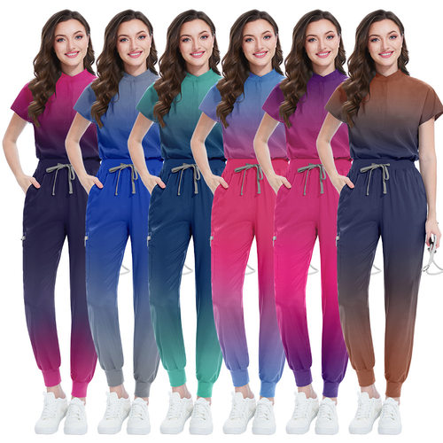 渐变色欧美流行洗手衣男女同款医生护士美容院SPA工作制服套装