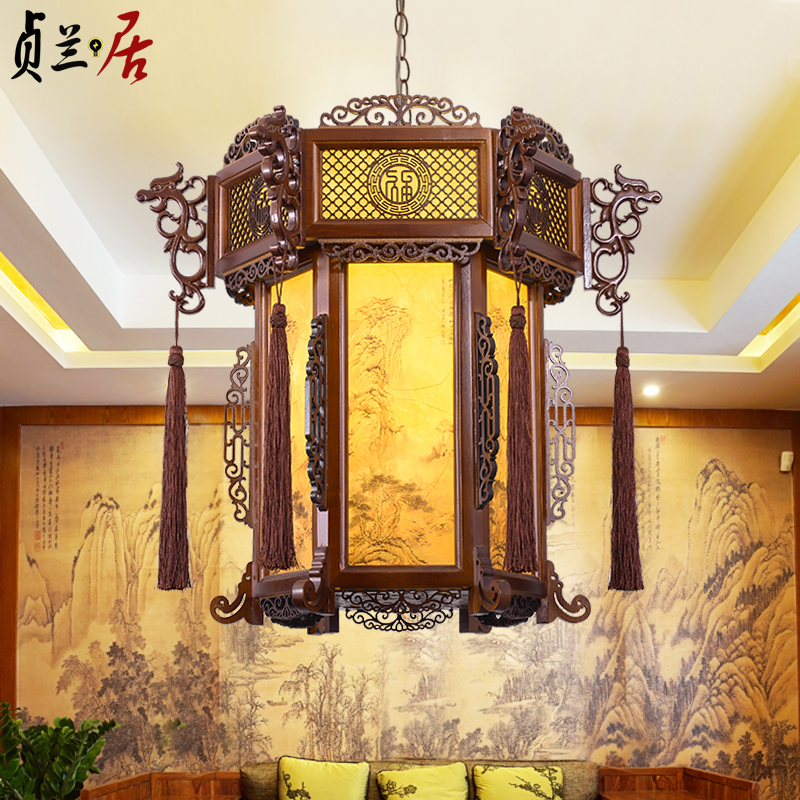 中式古典实木吊灯寺庙祠堂别墅酒店茶楼复古建筑宫廷灯笼六角宫灯