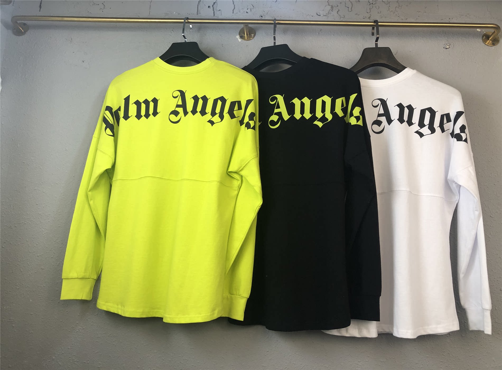 ins超火网红同款宽松长袖t恤pa荧光绿字母大logo印花棕榈天使te