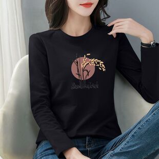奥戴尔棉精梳棉长袖T恤女2026女款秋季大码显瘦遮肉韩版休闲上衣