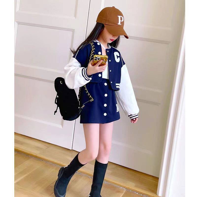 女童韩版春秋款洋气套装2024新款中大童洋气棒球服时髦短裙