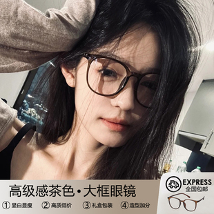 茶色大框素颜眼镜女高级感显脸小可配度数近视超轻防蓝光眼睛镜框
