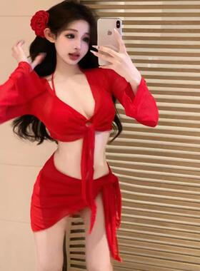 泳衣女款纯欲大红色显白性感辣妹比基尼四件套分体长袖遮肉泡温泉