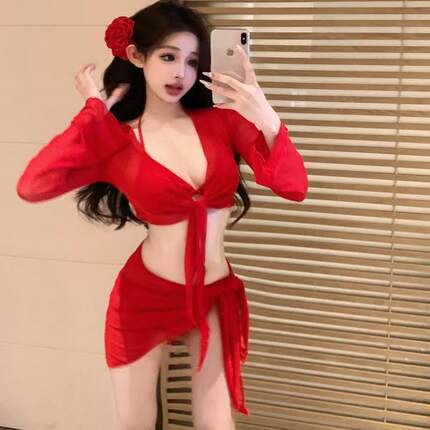 泳衣女款纯欲大红色显白性感辣妹比基尼四件套分体长袖遮肉泡温泉